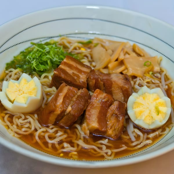 A bowl of ramen with pork belly, sliced hard-boiled eggs, green onions, and bamboo shoots.